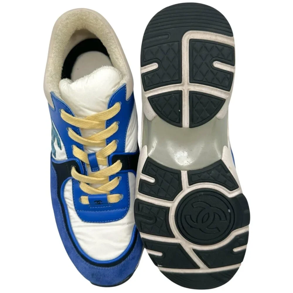 Chanel Cobalt Blue & Butter Yellow Logo Sneakers